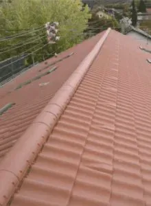 Rotes Ziegeldach mit First von oben, im Hintergrund Bäume